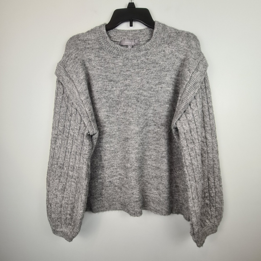 Cobble Lane Gray Cable Knit Balloon Sleeve Ruffle Shoulder Sweater Large Womens